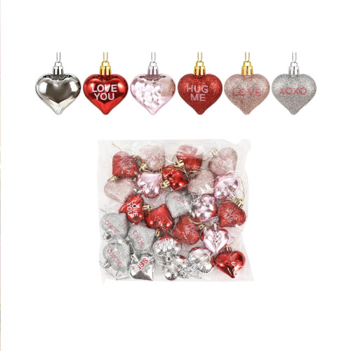 Conjunto de 24 enfeites de bolas em formato de coração com acabamento brilhante e com glitter para decoração.