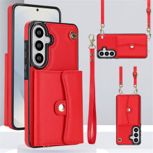 RFID-blokkerende magnetische flip-wallet voor Samsung Galaxy S26 (5G) – Rood, meerdere kaartsleuven, afneembare schouder- en polsbandjes