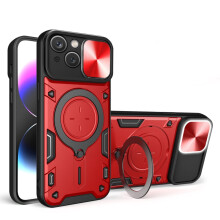 Stevige hoes voor iPhone 15 Plus 6,7 inch, met schuifbare lensbescherming, magnetische autohouder, robuuste schokbestendige hoes van PC+TPU, rood