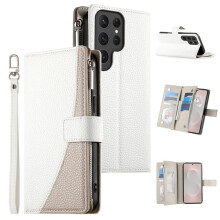 Compatibel met Samsung Galaxy S24Ultra5G, PU-leren flip-wallet met meerdere kaartsleuven, magnetische sluiting en ophangkoord – wit