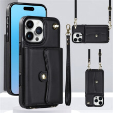 RFID-blokkerende magnetische flip-wallet voor iPhone 15 Pro – Wit, meerdere kaartsleuven, afneembare schouder- en polsbandjes