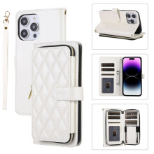 Luxe leren portemonneehoesje met pols-/schouderband, 9 kaartsleuven en ritsvak, compatibel met iPhone 14 Pro 6,1" – wit