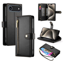 iPhone 17 Air 6,5" portemonneehoesje – Leer, meerdere kaartsleuven, ritsvak, draagkoord, zwart – Compatibel met iPhone 17 Air