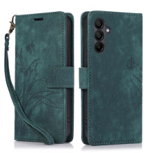 Leren flip-wallet hoesje compatibel met Samsung Galaxy A24 4G – Orchideeën en vlinders in reliëf, 3-kaartshouder, magnetische sluiting, groen