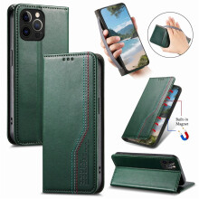 Groene leren flipcase met magnetische sluiting en polsbandje voor iPhone 14 Pro Max 6,7 inch