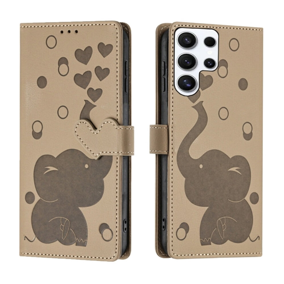 Cartoon Elephant Pu Leather Flip Wallet Case With Magnetic Closure, Card Slots & Hand Strap For Samsung Galaxy S24 Ultra 5G 6.8" Â Khaki 9130661885829