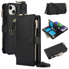 iPhone 13 RFID-blokkerende magnetische flip-wallet met ritsvak, metalen ring en afneembare schouder- en polsbandjes – zwart