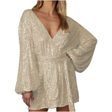 Sexy, fließendes Abendkleid mit V-Ausschnitt, Laternenärmeln und Pailletten-Schnürung für Damen