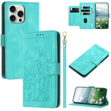 Leren flipcase voor iPhone 13 Pro Max – Tulpenreliëf, 5-kaartshouder, magnetische sluiting, afneembaar polsbandje, schokbestendig, groen