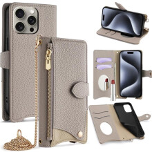 Portemonneehoesje van PU-leer voor iPhone 14 Pro - Magnetische sluiting, meerdere kaartsleuven, ritsvak, verborgen spiegel en afneembare riem, grijs