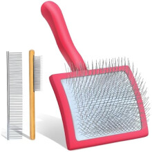 Dog Slicker Brush for Medium or Long Haired Dogs, Removes Loose Hair, Tangles and Knots, Best Grooming Brush for Small Animals, Free Pet Comb, Red