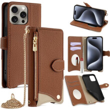 Magnetische flip-wallet van PU-leer voor iPhone 14 Pro – Meerdere kaartsleuven, ritsvak, verborgen spiegel en afneembare riem, bruin