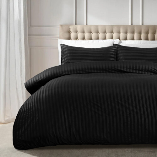 (Double, Black) Stripe Duvet Cover Set Bed Quilt & Pillowcase Pair