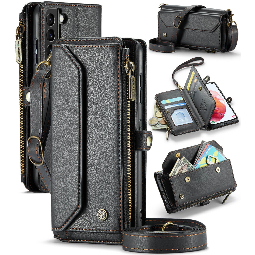 Caseme Leather Wallet Case For Compatible With Samsung Galaxy S21 6.2" Â Rfid Blocking, 7-Card Holder, Zipper Bills Slot, Magnetic Wrist Strap 9170372095957