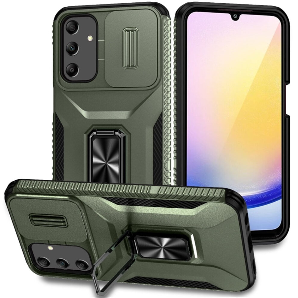 Slim Fit Shockproof Hybrid Case For Samsung Galaxy A25 5G Â Military-Grade, Slide Camera Cover, Rotated Ring Kickstand, Alpine Green 9170372096534