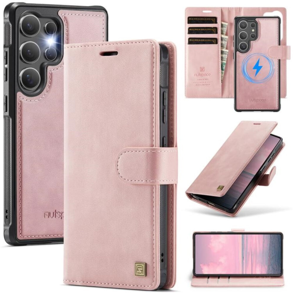 Rfid Blocking Purse Case For Samsung Galaxy S24 Ultra 5G 6.8", Magsafe, 3-Card Slots, Kickstand, Flip & Shockproof, Pink 9165521597277