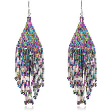 Color Boho Rice Beads Tassel Earrings.Multicolor Long Beaded Dangle Earrings Handmade Woven Drop Earrings Jewelry Gifts for Women
