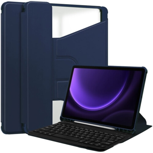 Capa de couro transparente com rotação de 360 e teclado integrado, azul escuro, 11 polegadas, compatível com Samsung Galaxy Tab S9FE.