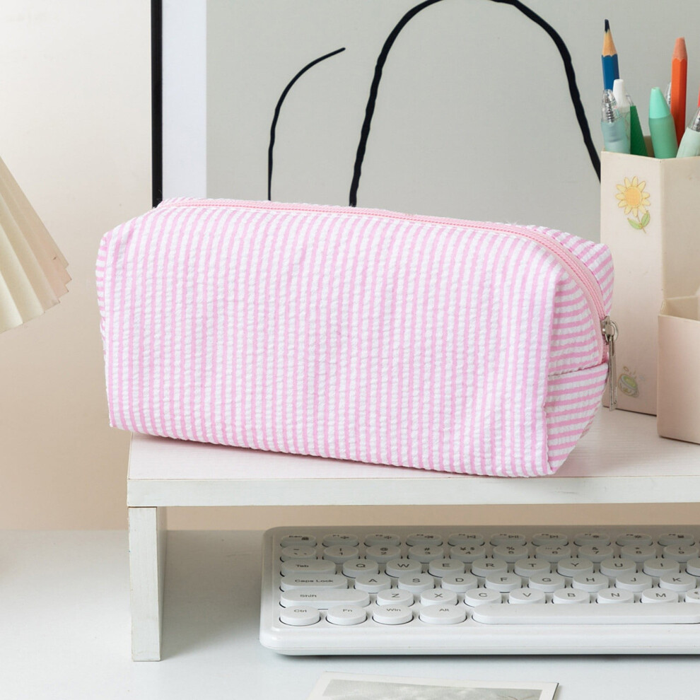 Pink Cute Stripe Pencil Case & Makeup Pouch Â Multifunctional Stationery & Cosmetic Organizer, Travel Storage Bag, Birthday Gift
