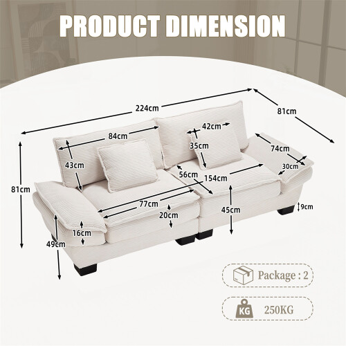 Oversized Corduroy 2-Seater Sofa with Pillows 1