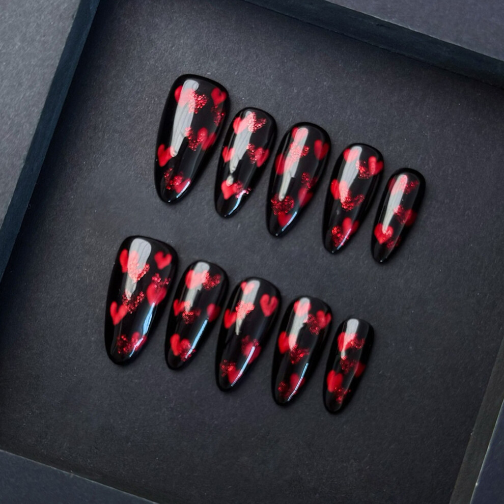 Bright-Home (S) Black Fake Nails With Red Heart Printed Durable & Never Splitting Comfort Fake Nails For Shopping Traveling Dating