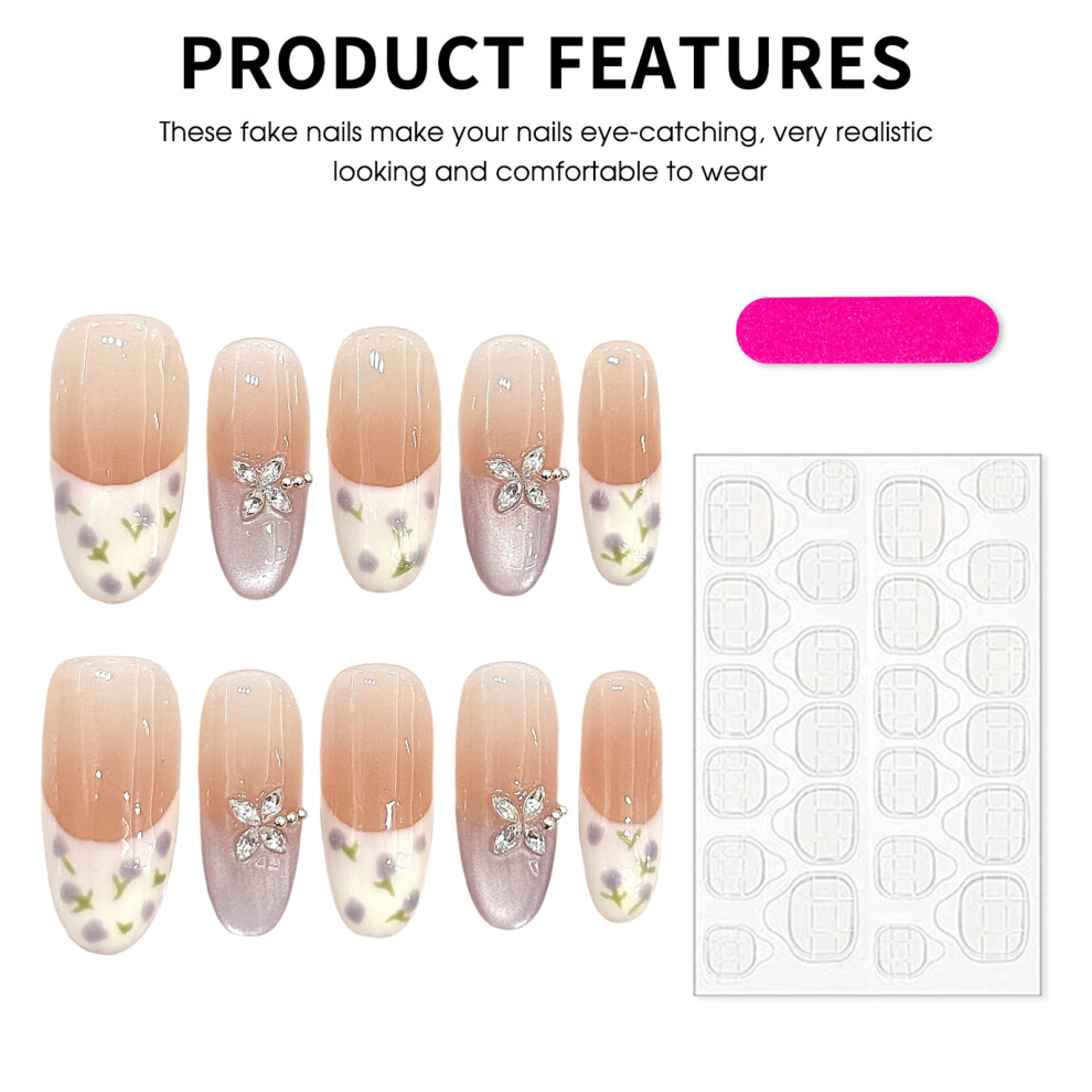 Hue-Grain (Xs) Flower Glossy Press-On Nails, Odorless & Comfortable