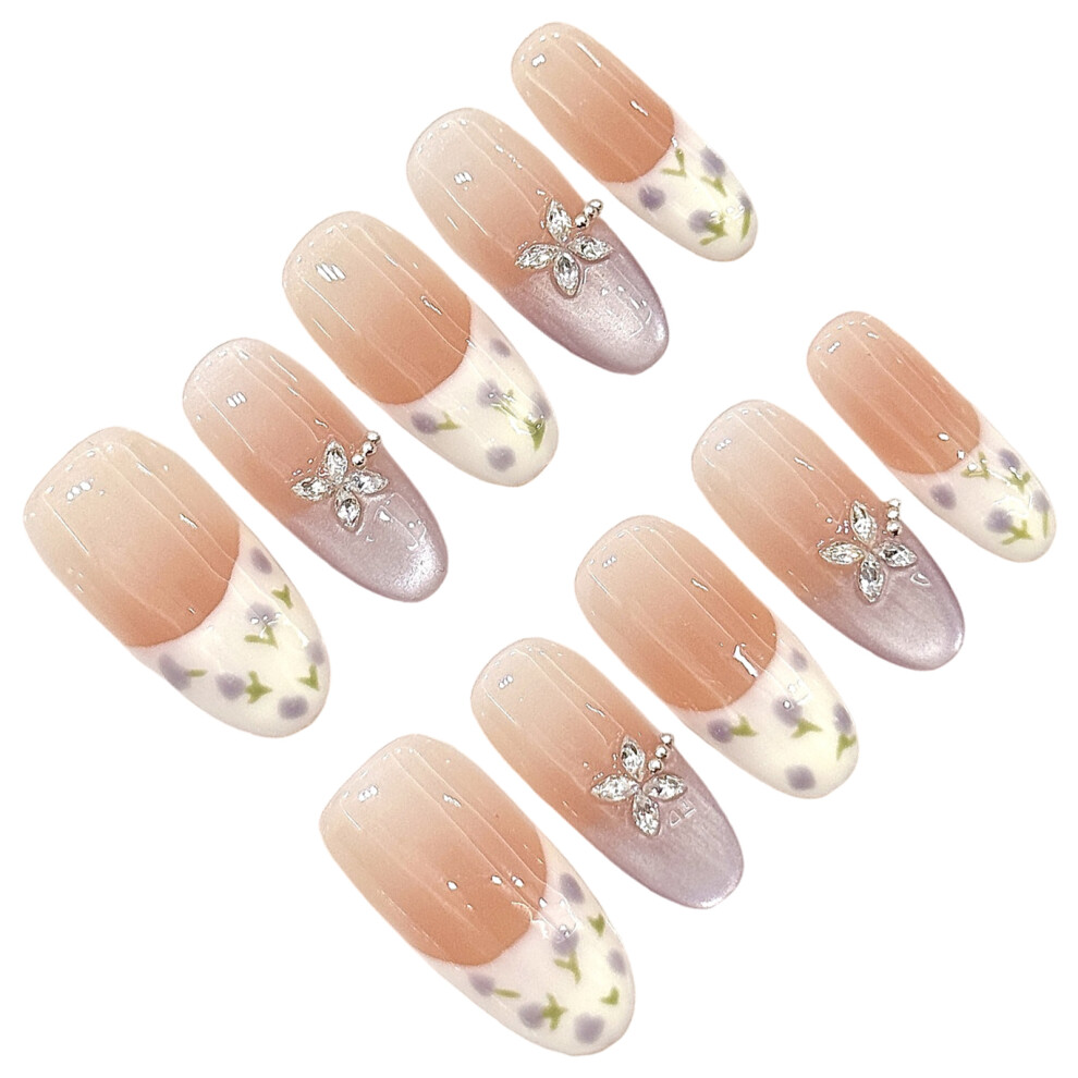 Bright-Home (M) Glossy Press On Nails With Flower Printed Odorless Provides A Comfortable Experience For Girlfriend Wife Women And Girl