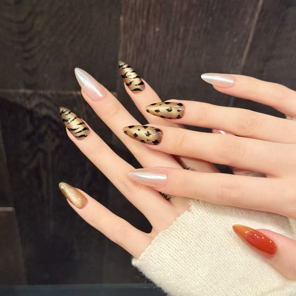 Dachuang Beauty (560 Almond, Xs) 10Pcs Leopard Cat Eye Glitter Press On Nails