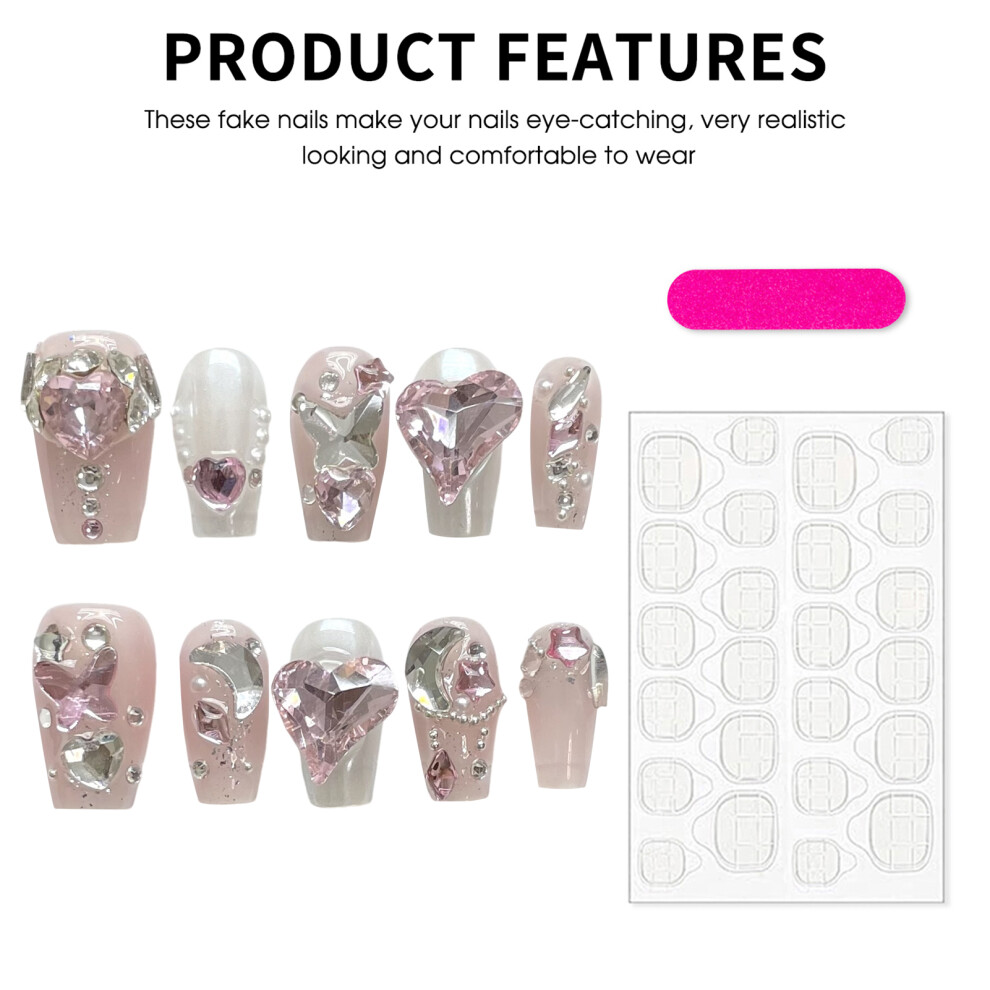 Penghui-Toys (974) Gentle Pink Fake Nails With Rhinestone Charming Comfortable To Wear Manicure Nails For Girlfriend Wife Women And Girl