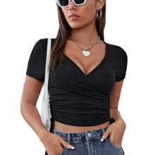 Top corto da donna a maniche corte con scollo a V profondo e dettagli arricciati, vestibilità aderente, design sexy, stile a fascia, tessuto morbido
