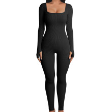 Tuta intera da donna aderente per yoga, senza cuciture, a maniche lunghe, in tessuto a coste spesso, leggings compressivi con effetto push-up e