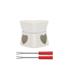 Heart-shaped ceramic butter warmer set for cheese, chocolate, butter & caramel fondue; includes 2 forks—compatible with all stovetops.