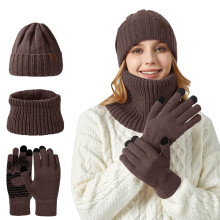 Women's Winter Gloves Hat Scarf Set, Fleece Lined Thermal Set, Windproof Cycling Cap, Cold Weather Cycling Set, Winter Sports Accessories Set Coffee