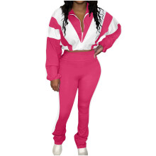 Womens 2 Piece Outfits Drawstring Hem Color Block Full Zip Crop Jacket and Jogger Pants Tracksuit Sets with Pockets