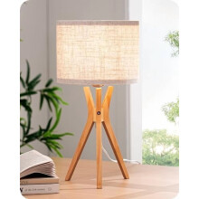 17.5" Modern Tripod Table Lamp with Wood Legs & Beige Linen Shade, Boho Nightstand Lamp for Bedroom/Living Room/Reading Room, E26 Base