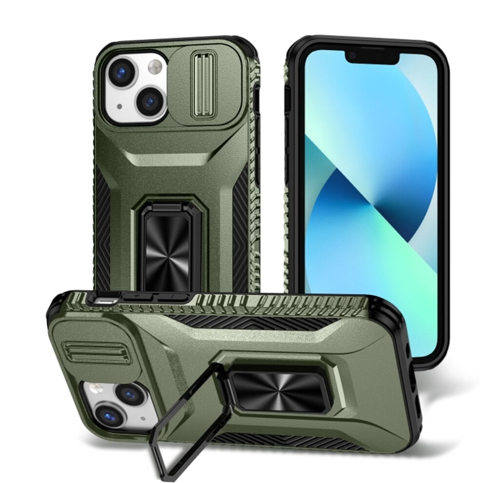 Shockproof Hybrid Case For Iphone 12 Mini: Slide Camera Cover, Rotating Ring Kickstand, Military-Grade, Alpine Green 9558633002072