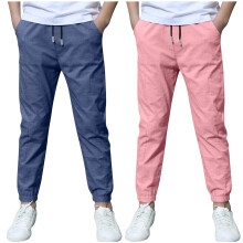 2 Pack Boys Linen Pants Summer Chino Pants Drawstring Trousers Lightweight Athletic Pant Casual Pant School Uniform Light Blue 9-10 Years