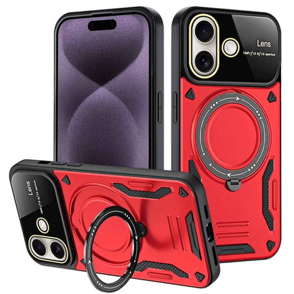 Hybrid Rotating Kickstand Case For Iphone 16 (6.1") Â Magsafe, Wireless Charging, Shockproof, Military-Grade Drop Protection, Red 9558633003116