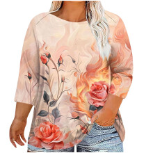 Blusas de mujer de tallas grandes con estampado floral, manga tres cuartos, cuello redondo, estilo túnica elegante e informal.