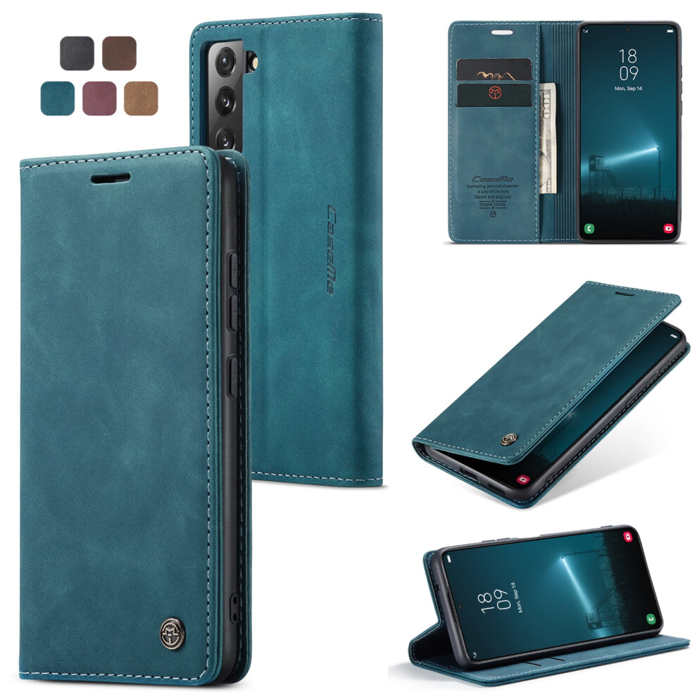 Caseme Leather Flip Wallet Case For Compatible With Samsung Galaxy S22 5GâMagnetic Closure, Card Holder, Kickstand, Shockproof, Blue 9558633005202