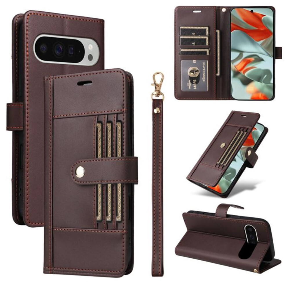Rfid-Blocking Leather Purse Case For Google Pixel 9 Pro Xl / 10 Pro Xl 6.8", 6-Card Slots, Kickstand, Shockproof, Brown 9485826591092