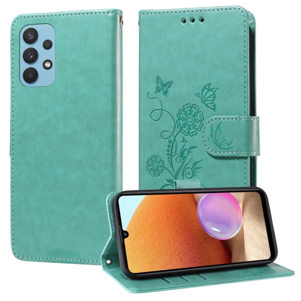 Shockproof Flip Leather Phone Case For Samsung Galaxy A32 4G Â Embossed Butterfly Flowers, Card Slots, Cash Compartment, Kickstand, Green 9558633004847