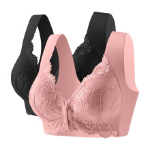 2 st damer BH:ar med framknäppning, plus size, spets, bekväma seniorer, bygelfria, tryckknappsstängande, prästkrage-BH:ar