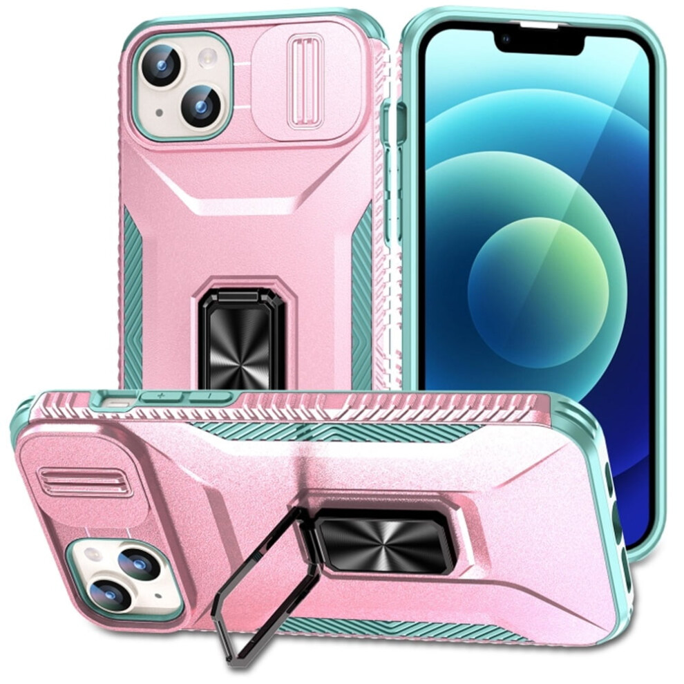 Slim Shockproof Hybrid Case For Iphone 15 PlusâSlide Camera Cover, Rotating Ring Kickstand, Military-Grade, Pink/Green 9193271791348