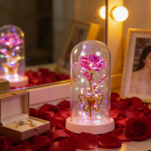 LED-Nachtlicht Kristallrose Schmetterling Glaskuppel