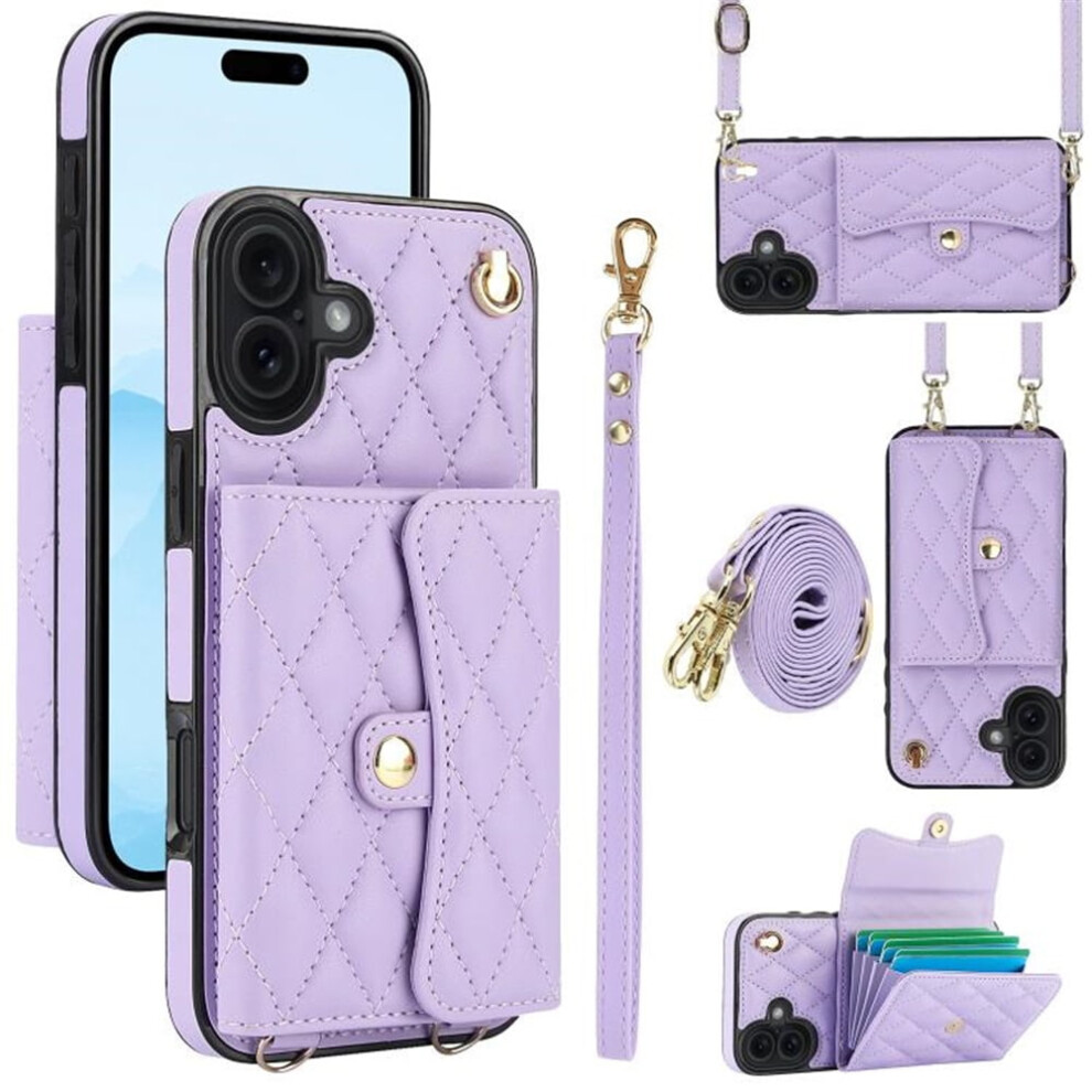 Rfid-Blocking Magnetic Flip Wallet Case For Iphone 16 Â Multi-Card Slots, Detachable Shoulder & Wrist Straps Purple 9193271792604