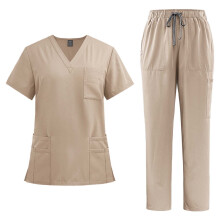 asdoklhq Scrubs för kvinnor Enfärgade Lösa Dragsko Byxor Fickor Vårdgivare Kortärmade V-ringade Blusar Sjuksköterskeuniform Set Khaki XL