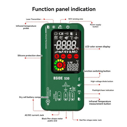 BSIDE Digital Multimeter Infrared Temperature 15V Diode LED Rechargeable  Multimeter DMM Green 2