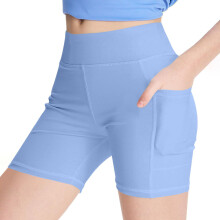 Dievčenské motorkárske šortky s vreckami, vysoký pás, cvičenie, spandex, bruško, beh, joga, nebesky modré, 10-11 rokov