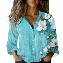 Women's Long Sleeve Floral Print Top Loose Fit V-Neck